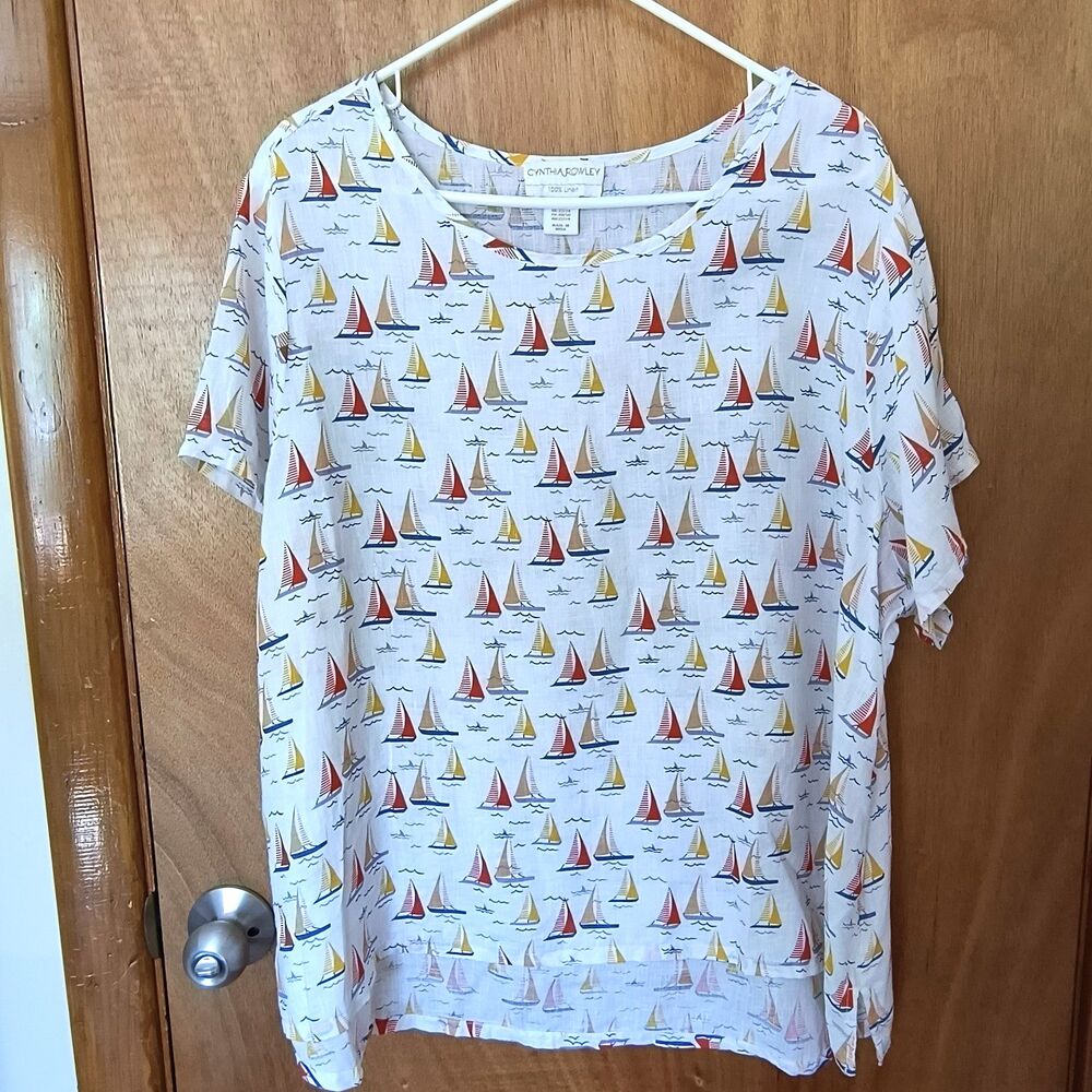 Cynthia Rowley Top 2X Multicolor Sailboats Linen Vacation Resort Coastal Beachy